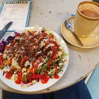 Plate of everything plus hot chocolate at Smorl's in Brighton