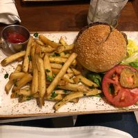 Impossible burger and garlic fries at Alvarado Street Brewery and Grill in Monterey