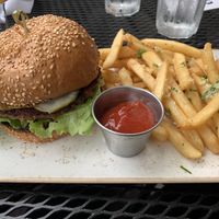 Vegan burger and garlic fries (no cheese) at Alvarado Street Brewery and Grill in Monterey