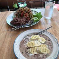 Burmese green tea leaf salad + black rice porridge at Cat House Chiang Mai - Cat Shack in Chiang Mai
