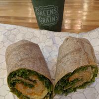 Vegan buffalo chicken wrap and green smoothie at Greens and Grains in Galloway