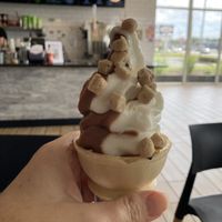 Swirled fro yo! With cookie dough.  at Greens and Grains in Northfield