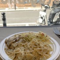 Cabage salad with apple and walnuts, limone pasta and seitan à la cream - delicious  at Veg Eat in Bergamo