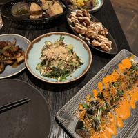 Aubergine fries, tomato ceviche, bbq mushrooms. Vegan maki roll, crispy potatoes, grilled cucumber saladd  at Asia in Oslo