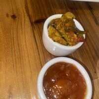 Achar on the left and mango chutney on the right (I thought the pappadam came with the standard onion, mint, and tamarind but still good!)  at Maruti Indian Restaurant  in Portland