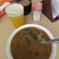 Lentil soup, juice drink at Semillas de Albahaca in Tunja