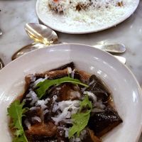 Starters: eggplant (vegan), and yellow beets (covered in cheese), at Graanmarkt 13 in Antwerpen