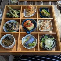 Vegan Lunch Bento with brown rice and miso soup at Eat Bar & Patio Haraneri in Vancouver