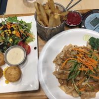 From left to right: crabless cakes, fries, sesame chicken noodles at Green Common - Harbour City in Kowloon
