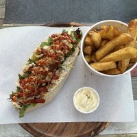 Vegan hotdog with fries and vegan mayo.  at Dogma in Utrecht