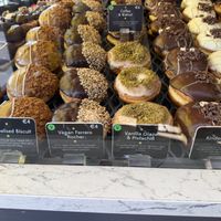 Vegan donuts in the case  at The Rolling Donut - Bachelors Walk in Dublin