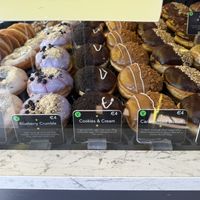Vegan donuts in the case  at The Rolling Donut - Bachelors Walk in Dublin