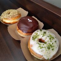 vegan dub in the middle:) on the right , pistacchio vanilla and on the left walnut coffee :) at The Rolling Donut - Bachelors Walk in Dublin