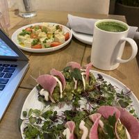Avocado toast, vegan mozzarella plate and matcha latte💜 at Divya's Kitchen in New York City