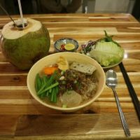 Noodle Soup and fresh coconut  at Vegan Family Restaurant in Ho Chi Minh City