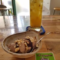 Chocolate icecream with passion fruit juice  at Vegan Family Restaurant in Ho Chi Minh City