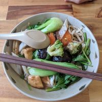 Tofu and mushrooms noodles at Vegan Family Restaurant in Ho Chi Minh City