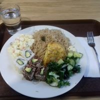 Rice noodles, ";egg"; roll, sushi, vegetables from buffet at Veganio in Prague