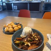 Kung pao and fried bananas  at Veganio in Prague
