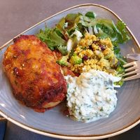 Enchilada with tzatziki sauce and vegetable couscous at Nordvegan in Oslo