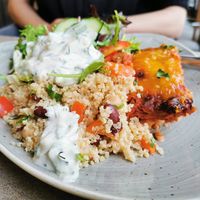 The lasagne-plate with to types salad at Nordvegan in Oslo
