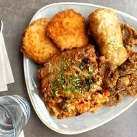 Lasagne + Sweet potato fritters + Roll + Deep-fried mushrooms at Nordvegan in Oslo