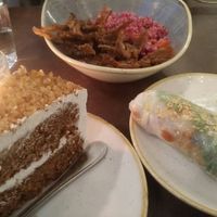 Carrot cake, summer roll, fried mushrooms and quinoa with beets etc. at Nordvegan in Oslo
