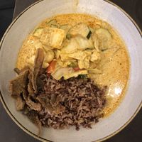 Curry Meal Deal (curry, rice, and fried oyster mushrooms)  at Nordvegan in Oslo