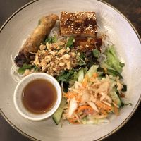 BBQ Bowl (noodles, tofu, salad, and egg roll)  at Nordvegan in Oslo