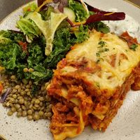 Lasagna with salad, dressing & vegan tsatsiki at Nordvegan in Oslo