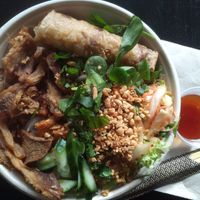 BBQ Melody + oyster mushrooms takeaway, it has tofu and soyprotein somewhere under there. Otherwise great, but bit too salty and rice noodles were dry.  at Nordvegan in Oslo