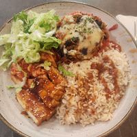 Stuffed pepper, rice, tofu, kimchi, salad at Nordvegan in Oslo