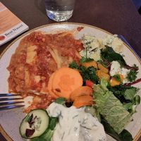 Lasagna with 3 different kinds of salad and tzaziki for 189 kr. at Nordvegan in Oslo