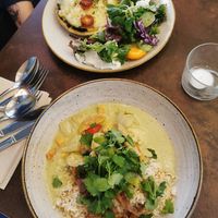 Curry w rice and potato pie with salads at Nordvegan in Oslo
