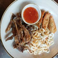 Udon, fried mushrooms, fried gyoza at Nordvegan in Oslo