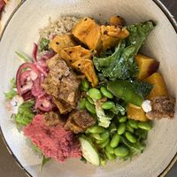 Rainbow bowl- lots of salads plus 5 toppings all included. The hummus is gorgeous.   at Nordvegan in Oslo