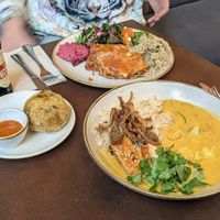 Yellow curry with lasagna and arancini ball at Nordvegan in Oslo