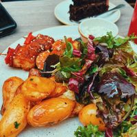 Tofu skewers, roast potatoes and salad  at Nordvegan in Oslo