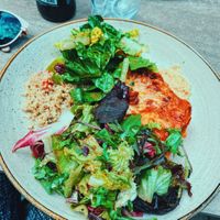 Lasagna with salad  at Nordvegan in Oslo