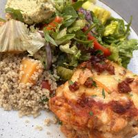 Lasagna and salad with hummus   at Nordvegan in Oslo