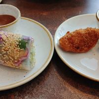 Summer roll and fried dumplings with sauces at Nordvegan in Oslo