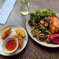 Fried dumpling starter, enchilada with salad and hummus main. at Nordvegan in Oslo