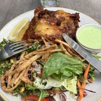 Vegan lasagne with  2 salads, 1 dressing and fried tortillas  at Nordvegan in Oslo