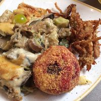 lasagna, beet root ball and mushroom fritters  at Nordvegan in Oslo