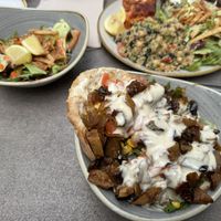 Vegan chicken pita with side salad and lasagna plate in the background.  at Nordvegan in Oslo