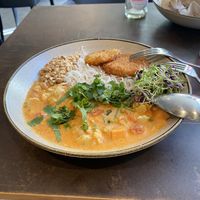 Some kind of curry, it was amazing! And the rose lemonade   at Nordvegan in Oslo