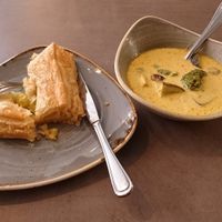 Curry soup and cabbage strudel. at Nordvegan in Oslo