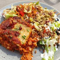 Lasagne and salad at Nordvegan in Oslo
