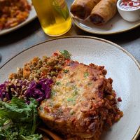 Lasagne and a couple of spring rolls at Nordvegan in Oslo