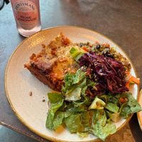 Vegan lasagna with salad at Nordvegan in Oslo